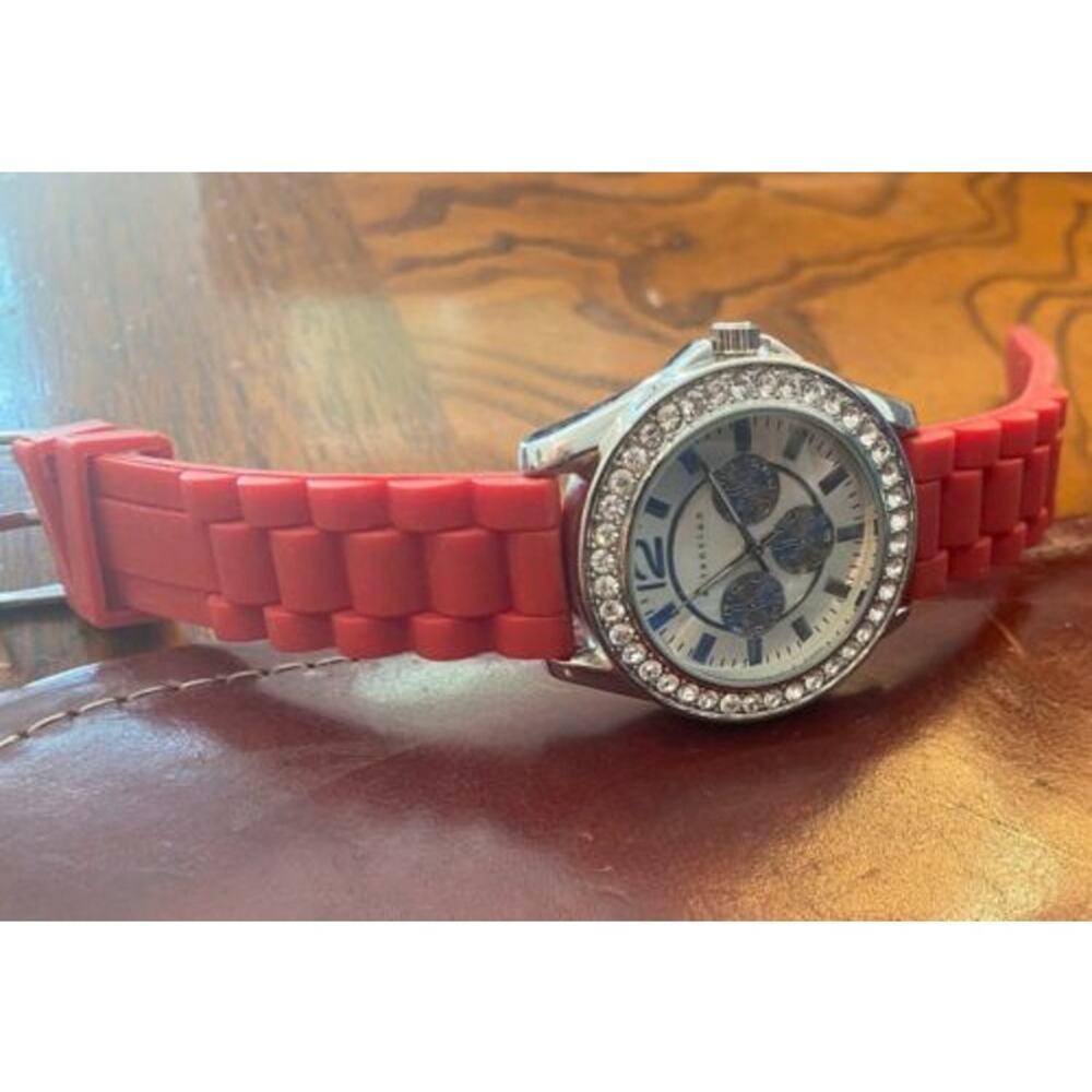 Women's 40mm Silver Tone Attention Watch, Crystal  Accents, Red Poly Band